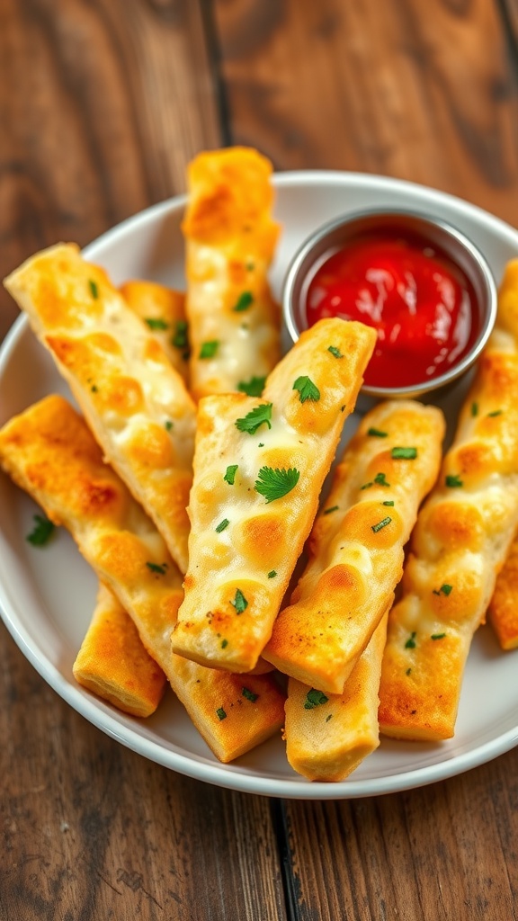 Cheesy garlic breadsticks on a plate, garnished with parsley, with marinara sauce on the side.